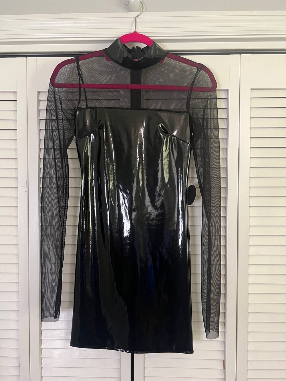 Hot Miami Styles Black Patent Vinyl Sheer Mesh Long Sleeve Mini Dress
